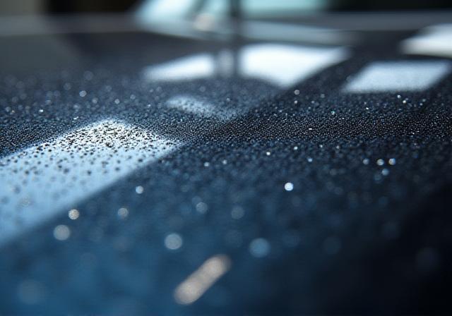 Primo piano della vernice di un'auto dopo il trattamento ceramico, con riflessi dettagliati e profondi.