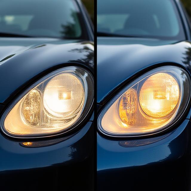 Confronto prima e dopo il ripristino di fari auto opacizzati: il faro a destra è cristallino e nuovo.