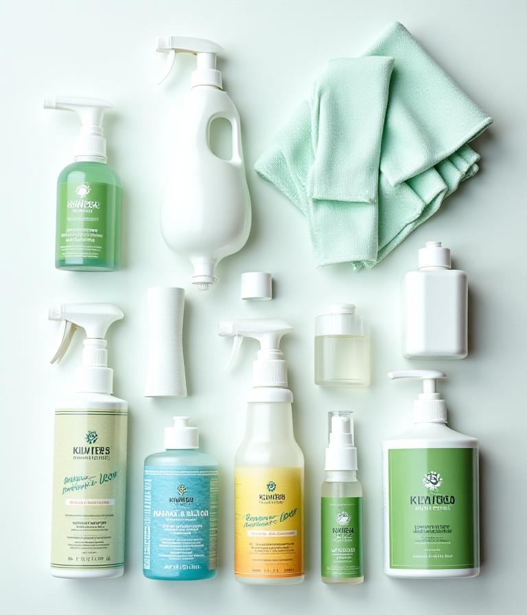 Set di prodotti per detailing ecologici, flaconi e panni in microfibra professionali, disposti ordinatamente su una superficie.