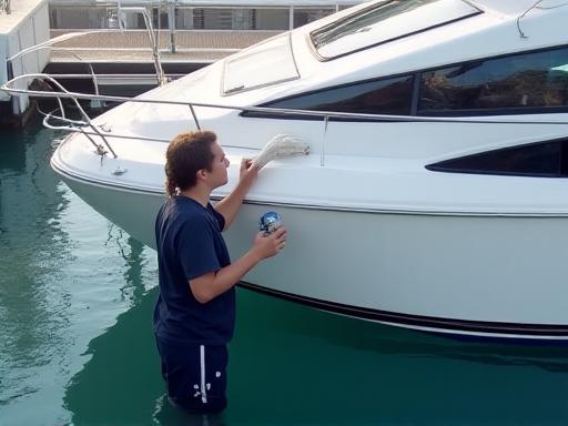 Addetto Marina Detail che pulisce e lucida la superficie bianca di una barca a motore ormeggiata.