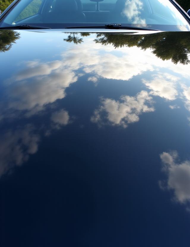Riflesso perfetto e profondo su cofano di auto nera lucidata a specchio, mostrando nuvole e cielo.